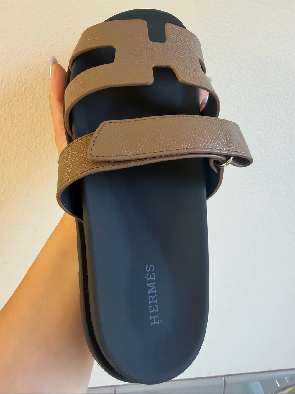 H Black Footbed Brown H-Strap Slide Sandals